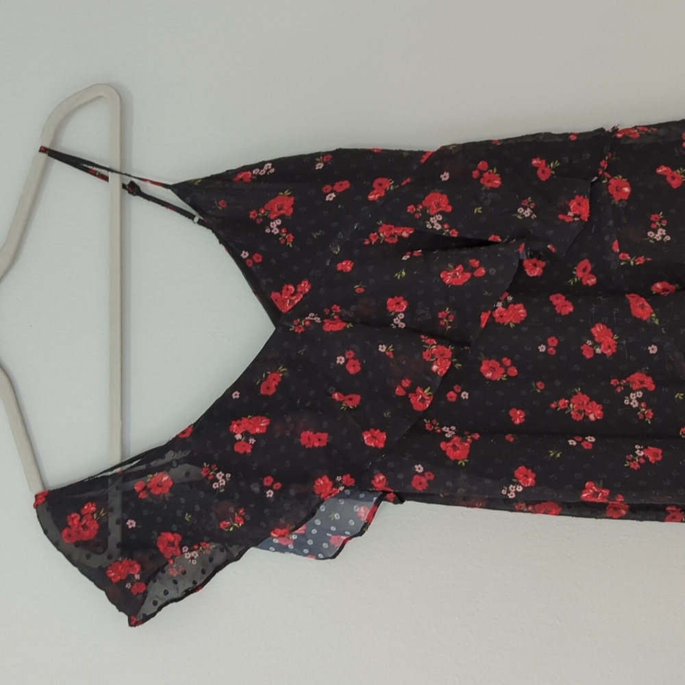 Bardot Black Red Floral Asymmetrical Midi Dress
